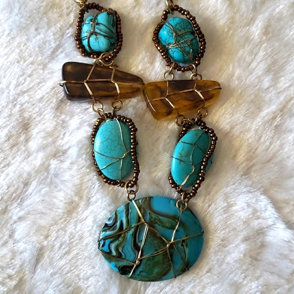 Antique Beautiful Turquoise & Brown Stone Wrapped Gold Tone Wires & Beaded - Picture 14 of 14
